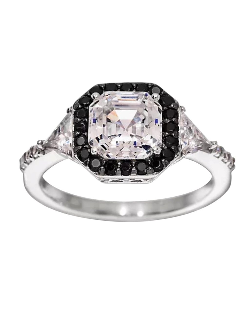 Diamonique Black and Clear Ascher Cut Solitaire Ring with Accent Stones 6